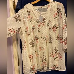 Daniel Rainn: white sheer polka-dot blouse with flowers..NWT!..size 2XL